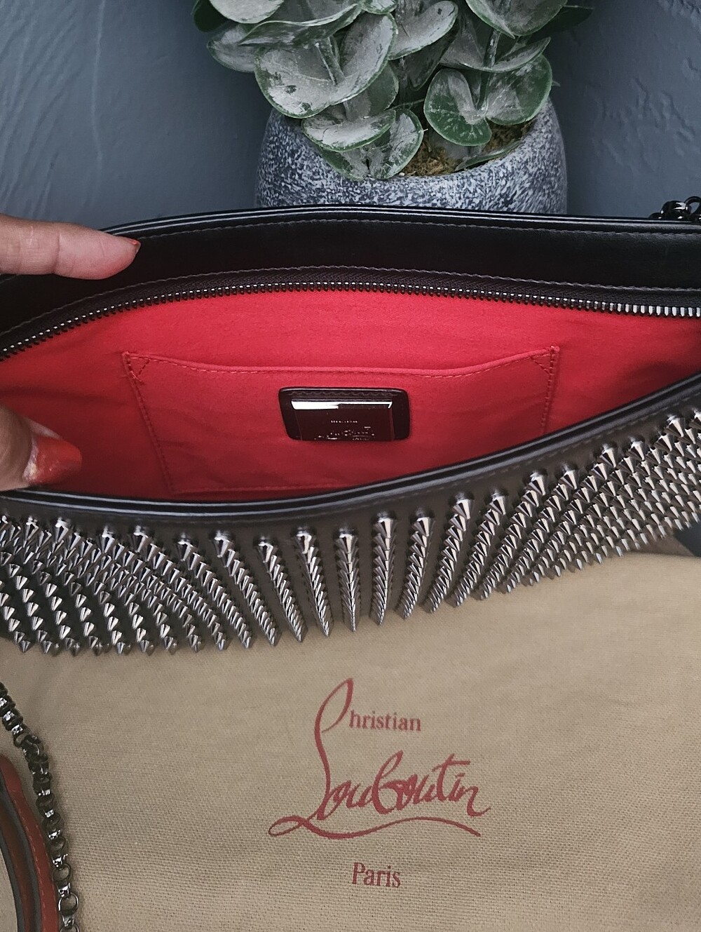 Christian Louboutin Black-Studded Leather Clutch With Red Trim Strap - Picture 7 of 10